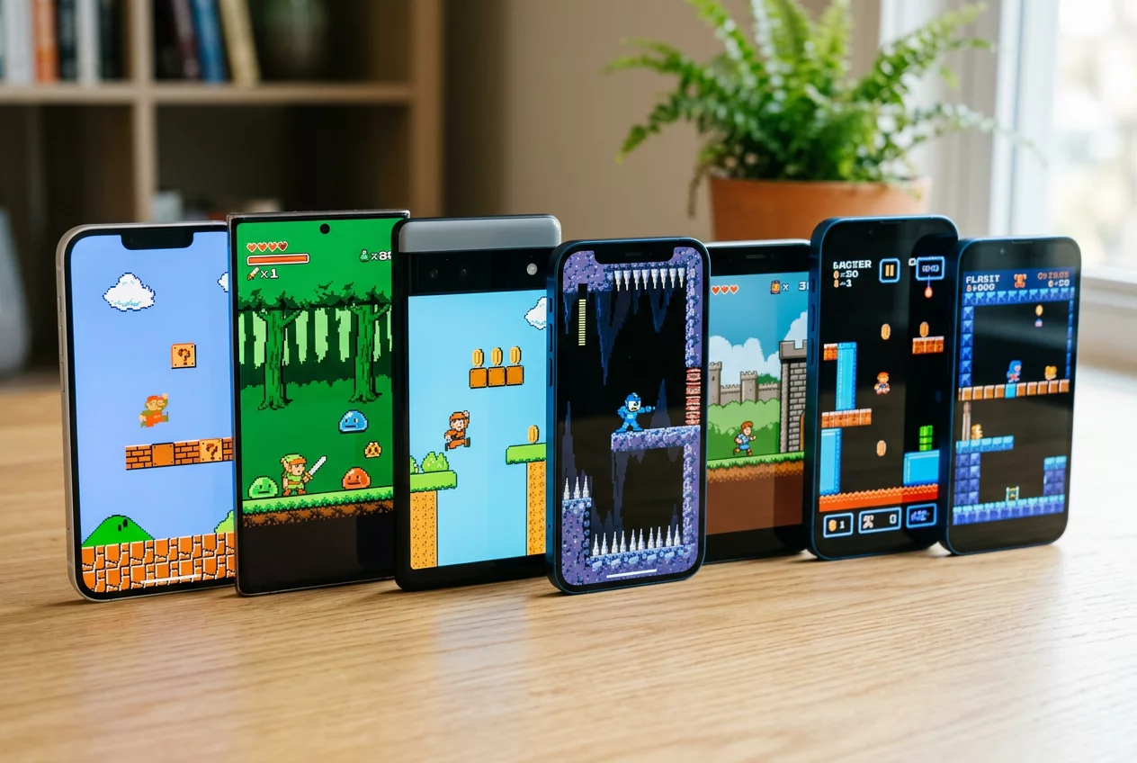 Modern smartphones displaying 8-bit retro games