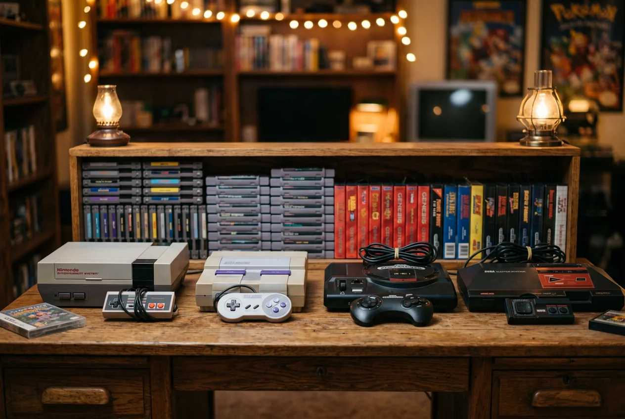 Classic gaming consoles and retro setup